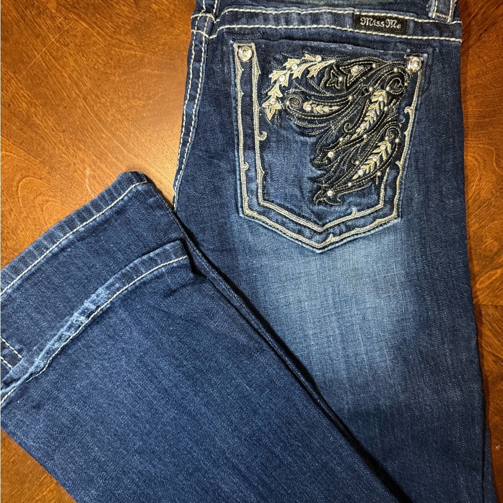 Miss Me Women's Dark Blue Boot Cut Jeans with Kahaki Embroidery